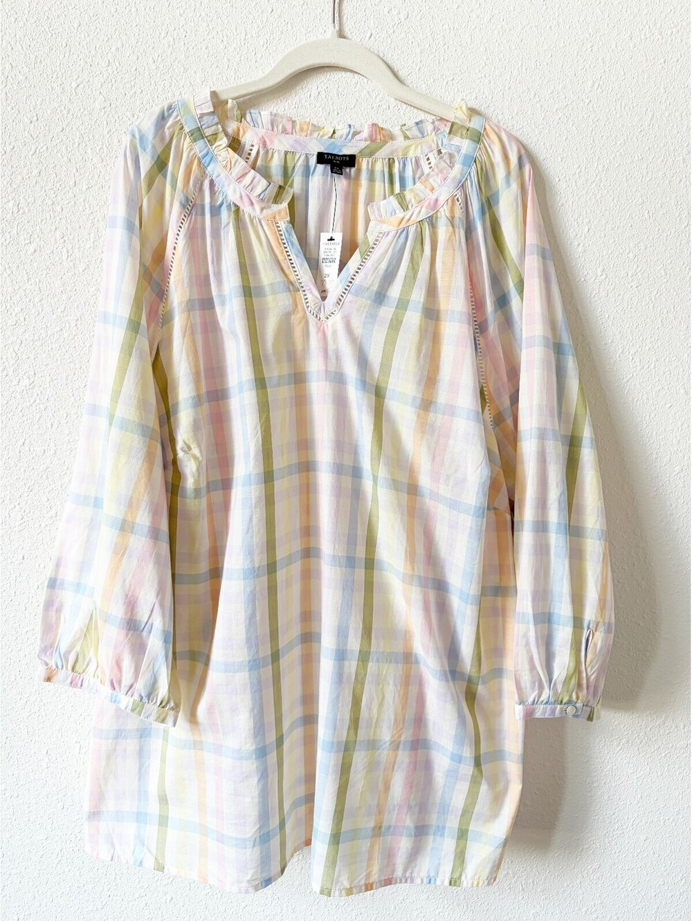 Talbots Ruffle Tunic Rainbow Plaid Size 2X Colorful Bohemian